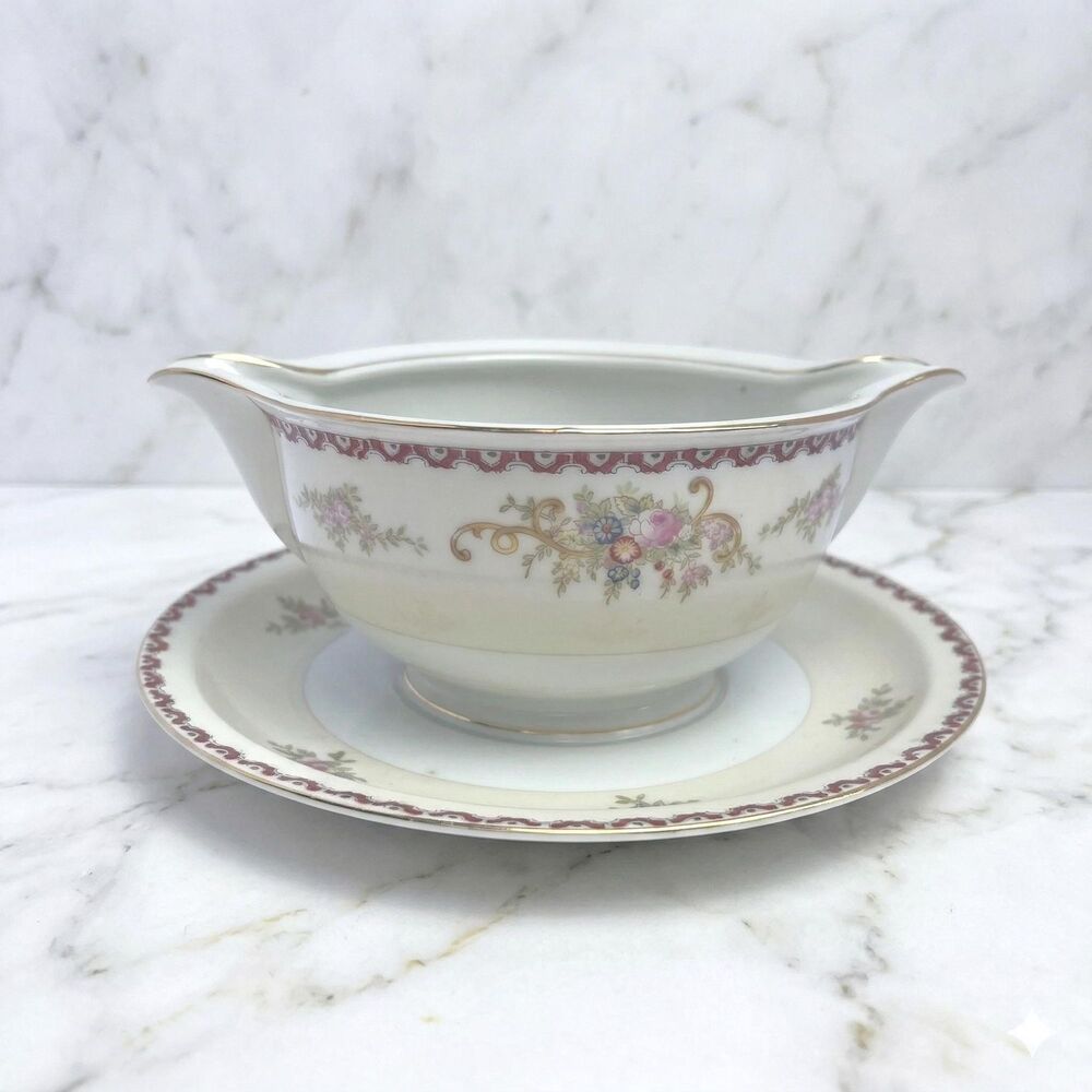 Vintage Occupied Japan Gravy Boat Attached Plate Hand Painted Double Pour